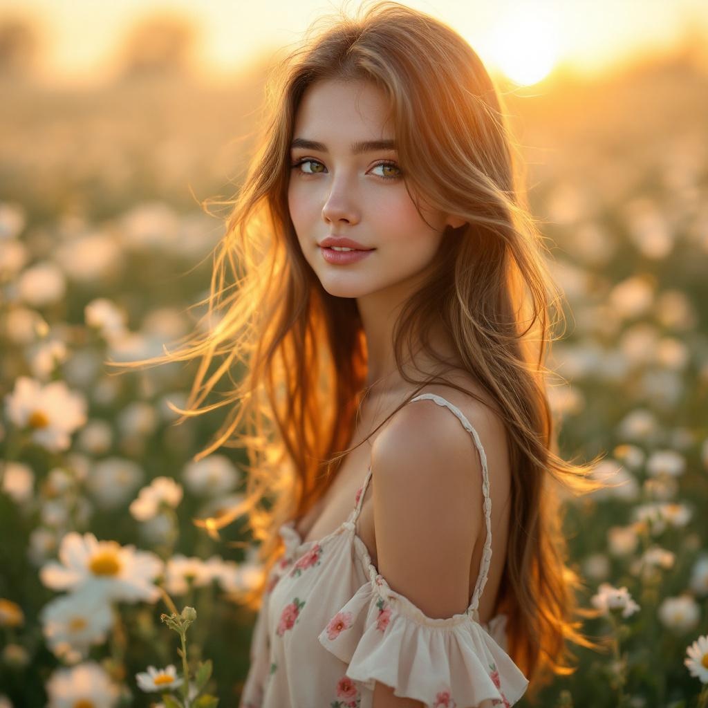 Woman in flower field at sunset