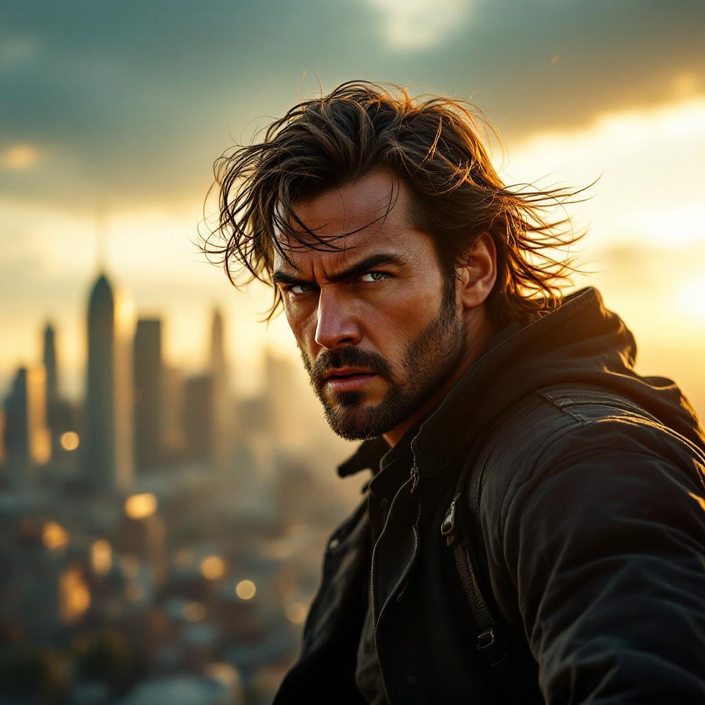 Cinematic portrait with city skyline